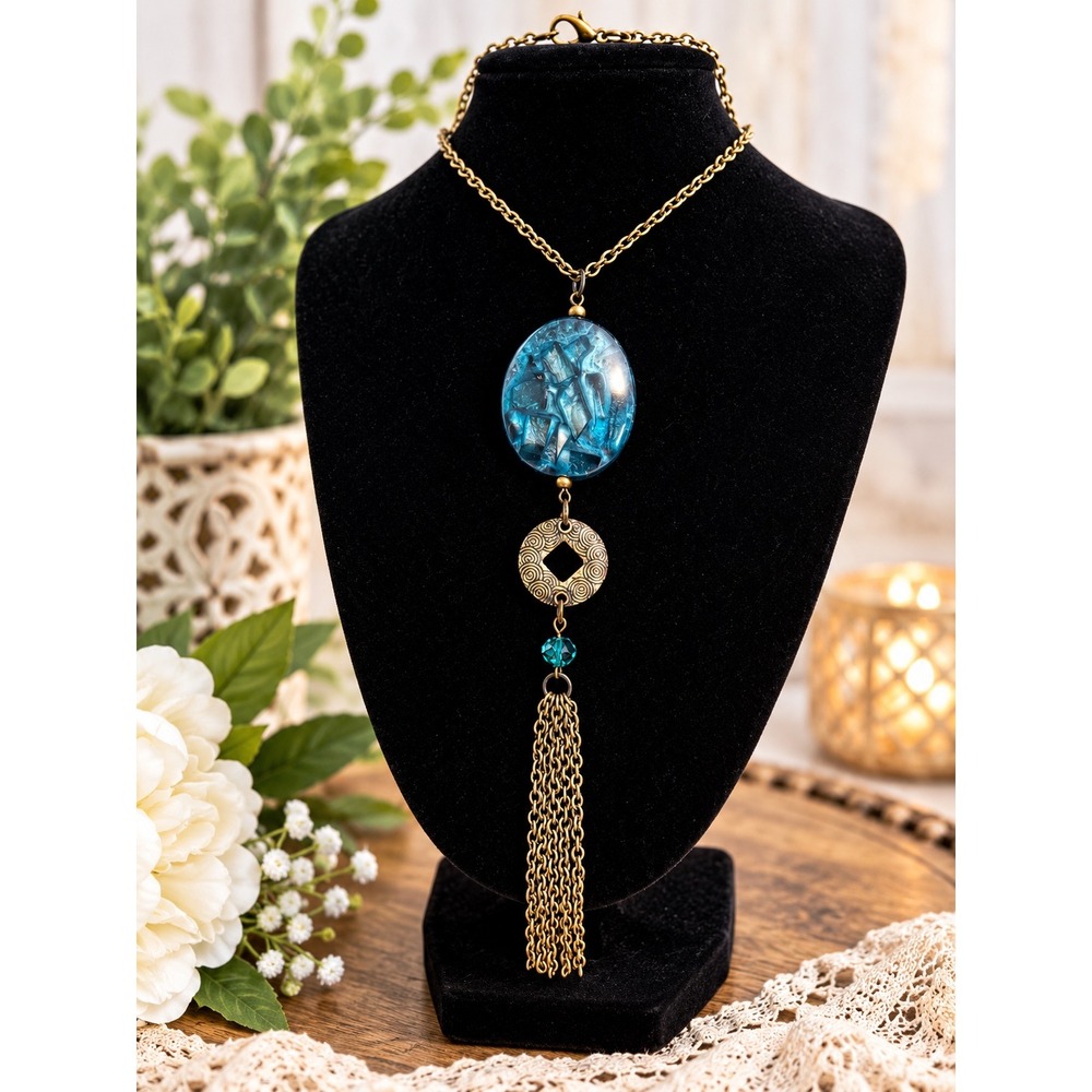 Teal Blue Resin Tassel Pendant Necklace Antique Brass Finish 22in